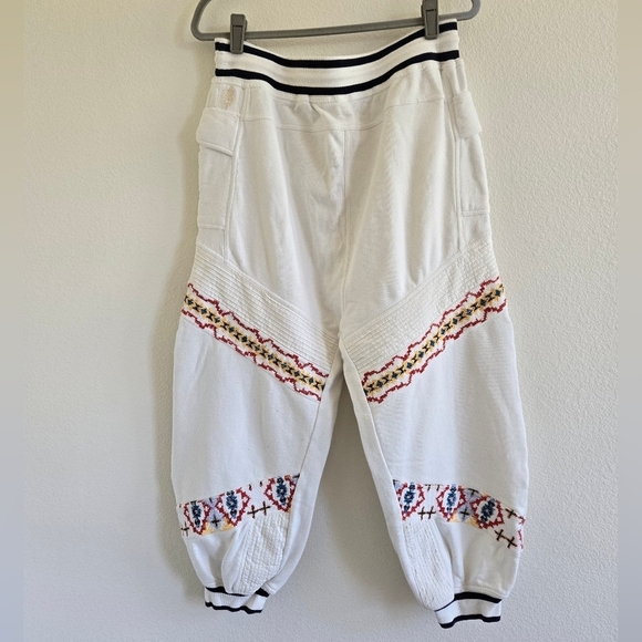 Free People Crystal Sport Joggers Embroidered Ribbed Waist Ivory Red Gold Large - Picture 6 of 16